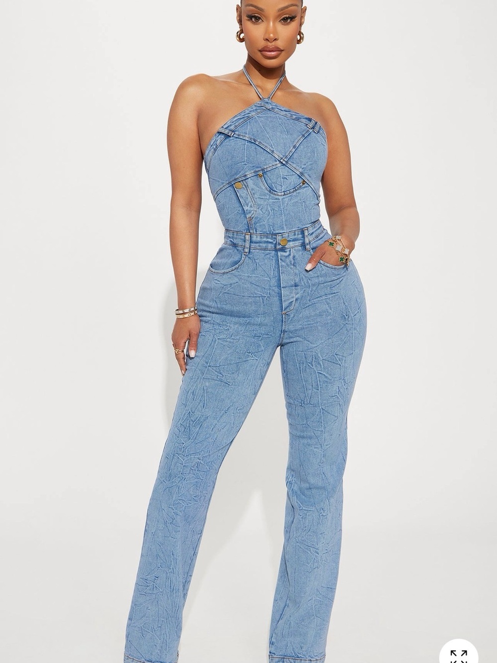 Fashion Nova Light Blue Denim Halter Jumpsuit